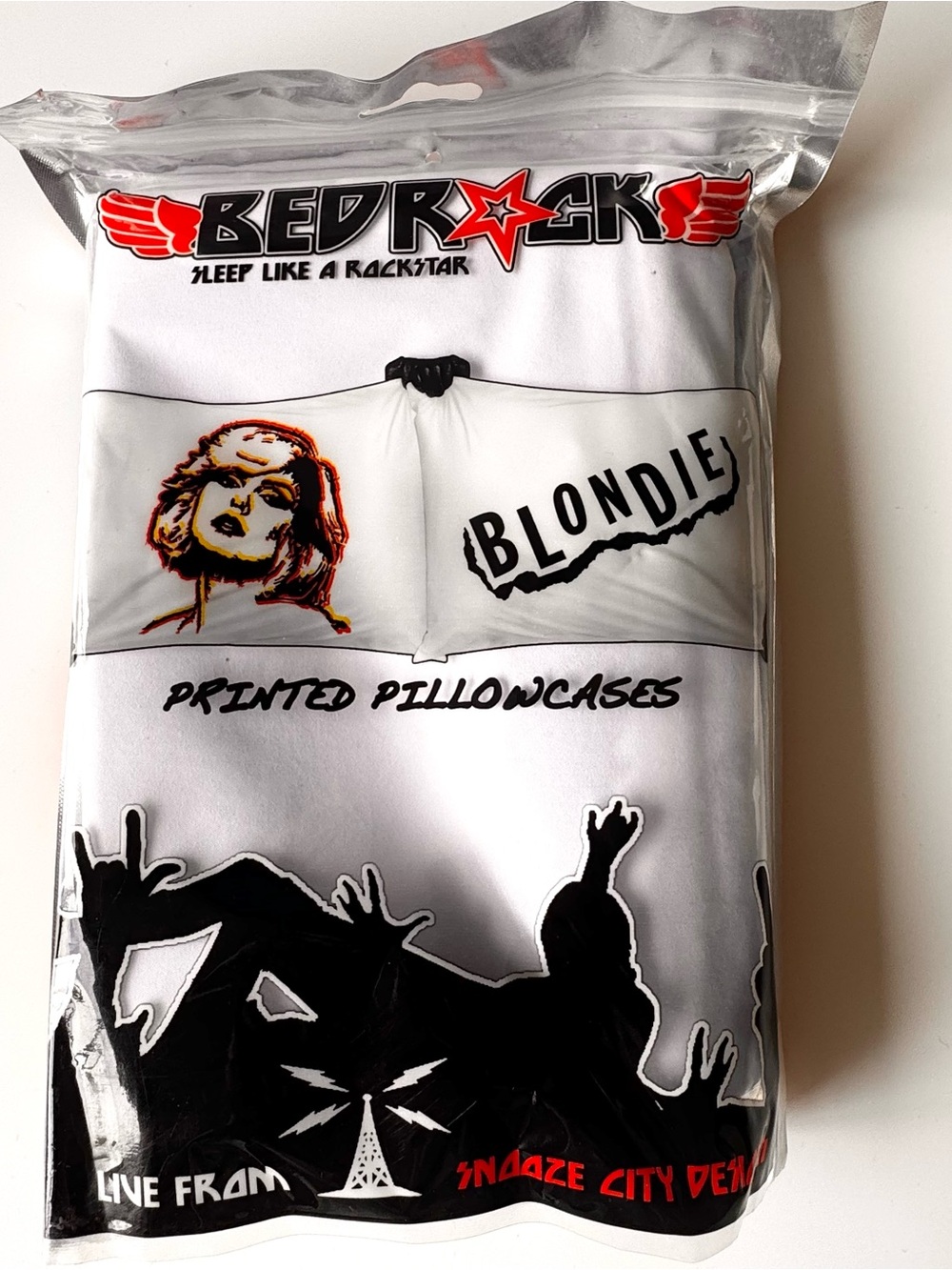 ♥️ Bedrock "Blondie" Printed Pillowcases — White with Black & Red Graphics